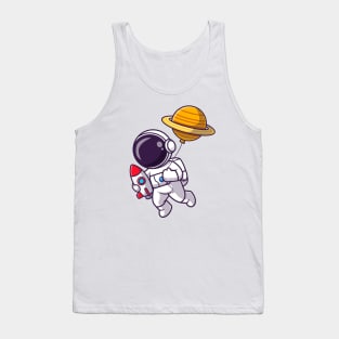 Cute Astronaut Holding Rocket With Planet Balloon Cartoon Tank Top